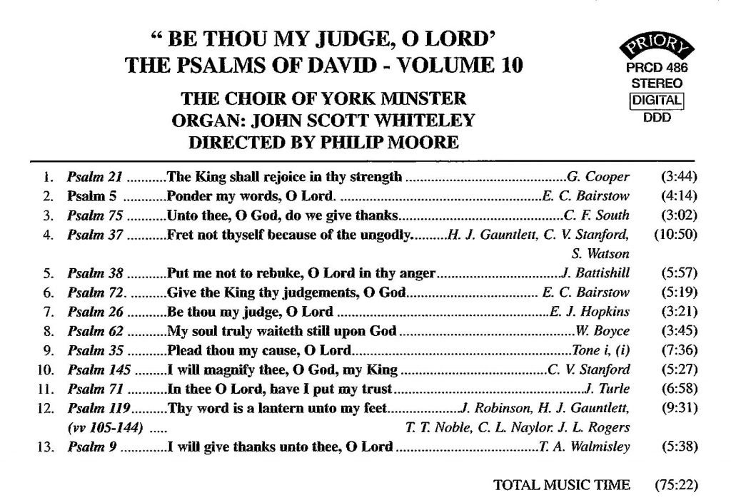 CD back card "Be Thou my judge, O Lord - The Psalms of David" - Series 1, Volume 10