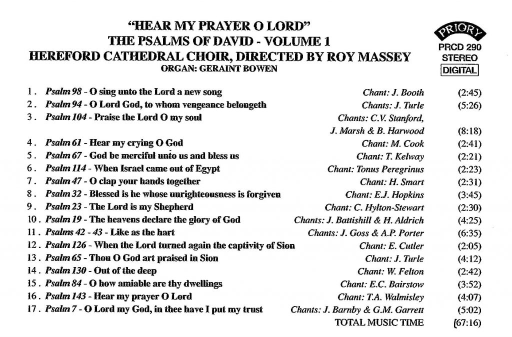 CD back card "Hear my prayer O Lord - The Psalms of David" - Series 1, Volume 1