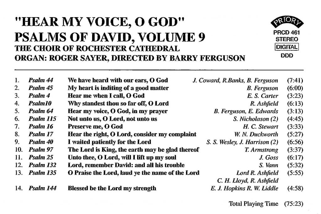 CD back card "Hear my voice, O God - The Psalms of David" - Series 1, Volume 9