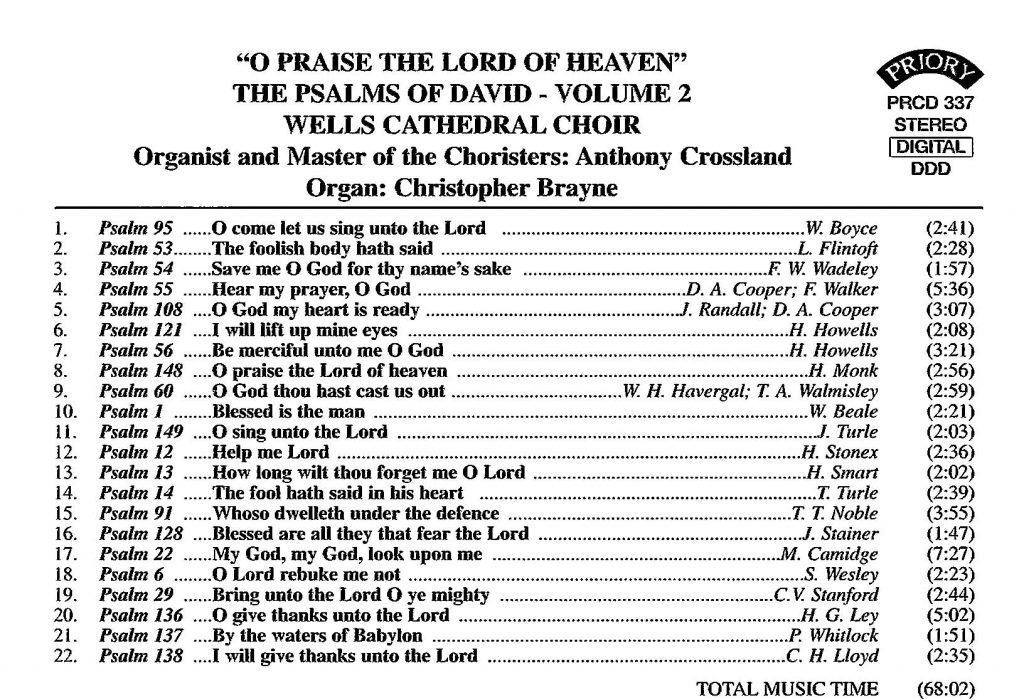 CD back card "O praise the Lord of heaven - The Psalms of David" - Series 1, Volume 2