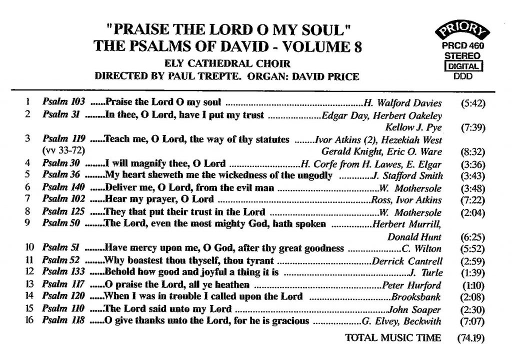 CD back card "Praise the Lord O my soul - The Psalms of David" - Series 1, Volume 8